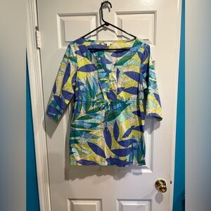Tori Richard Honolulu tropical leaves cotton 3/4 sleeves top sz 14